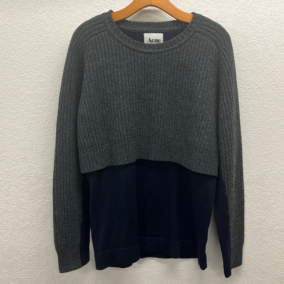 Acne Hurst Knit Long Sleeve Layered Sweater Navy & Gray Size M Merino Wool - Picture 4 of 10